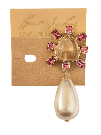Gold-Pink Side with Clear Cabochon Center Pearl Drop Clip Earring