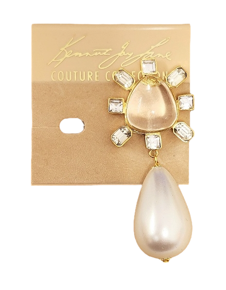 Gold-Crystal Side with Clear Cabochon Center Pearl Drop Clip Earring