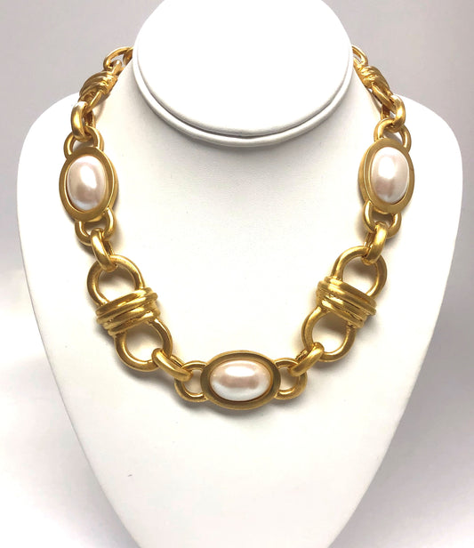 18" Satin Gold White Pearl Link Chain Necklace