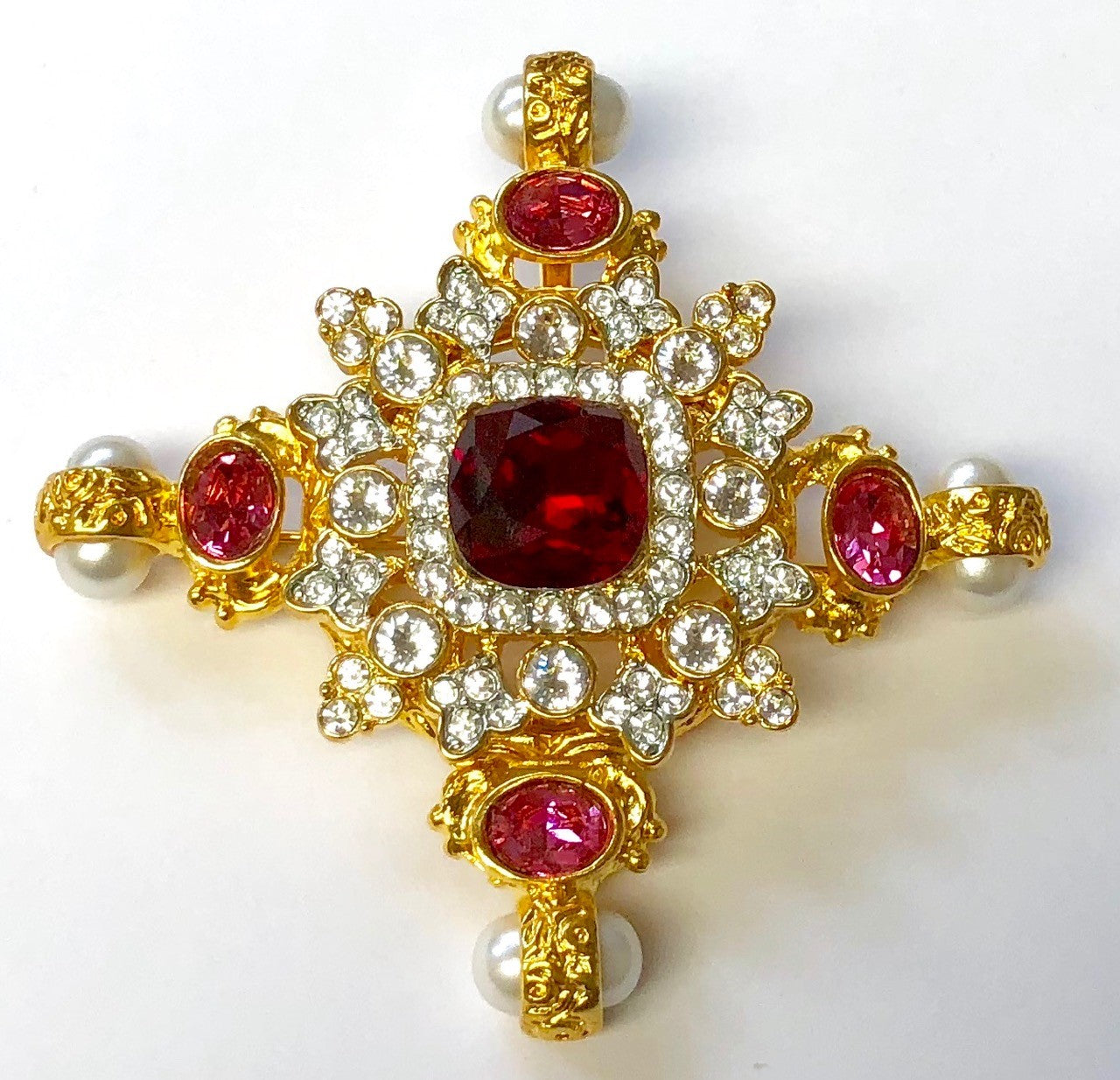 Gold Pink Ruby Crystal Pearl Maltese Cross Pin