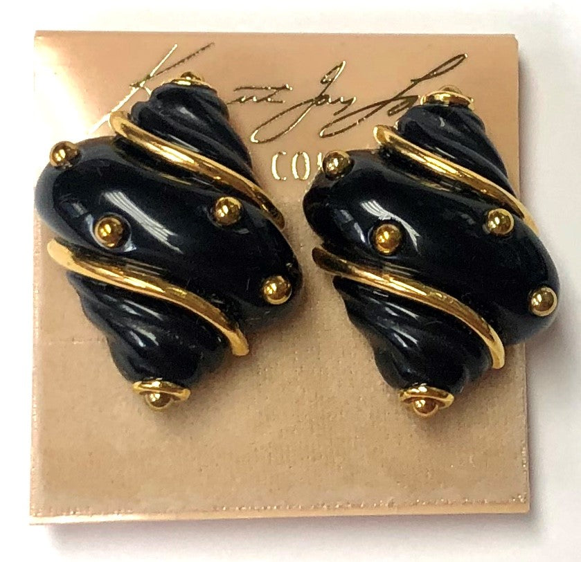 Gold Black Shell Clip Earring with Gold Dots