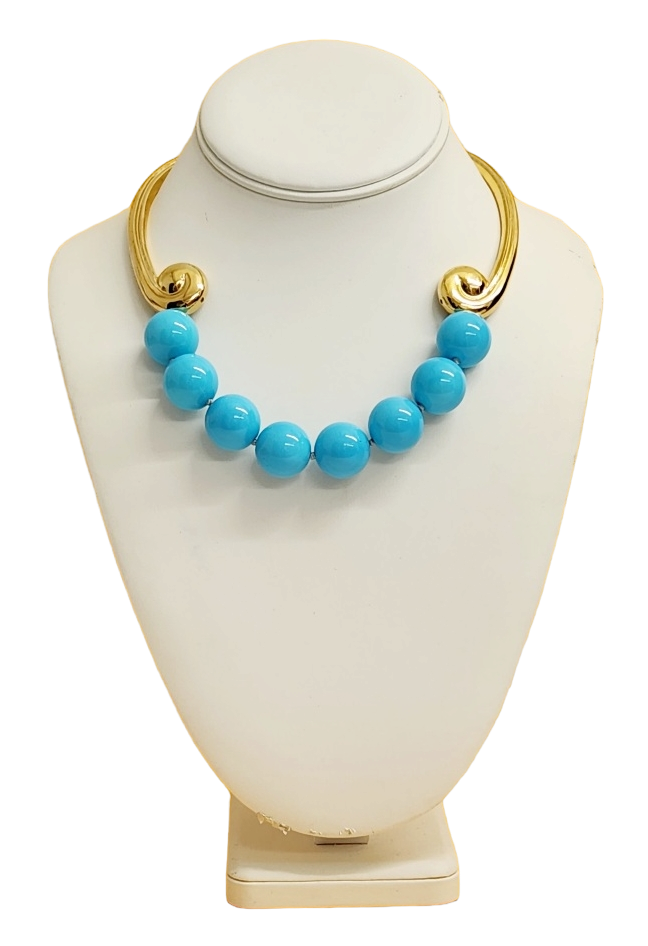 15" Gold With 16mm Turquoise Beads Bib Hook Clasp Necklace
