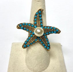 Gold Turquoise and White Pearl Starfish Adjustable Ring