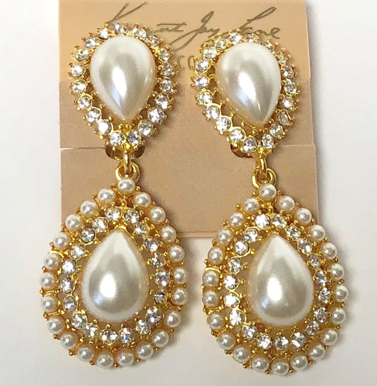 Gold Crystals And Pearls Drop Clip Earring