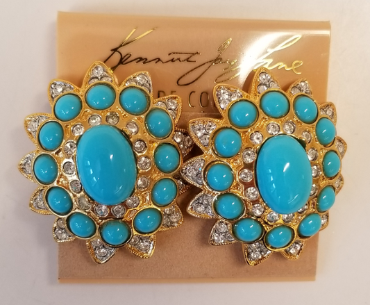Turquoise and crystal button clip earring
