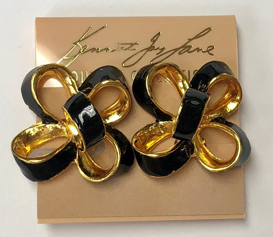Gold Black Enamel Small Bow Clip Earring