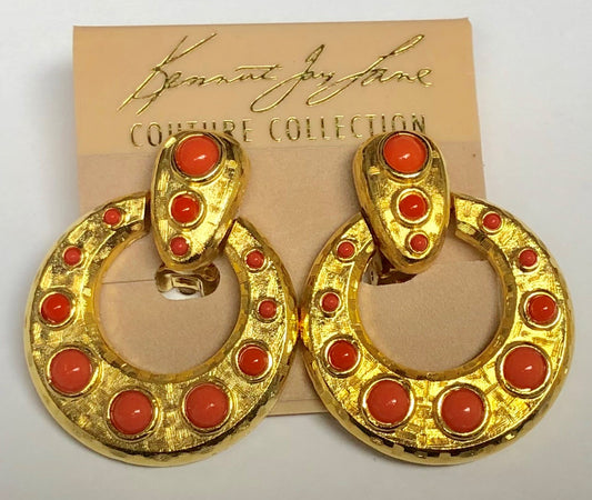 Gold With Coral Cabochons Doorknocker Clip Earring