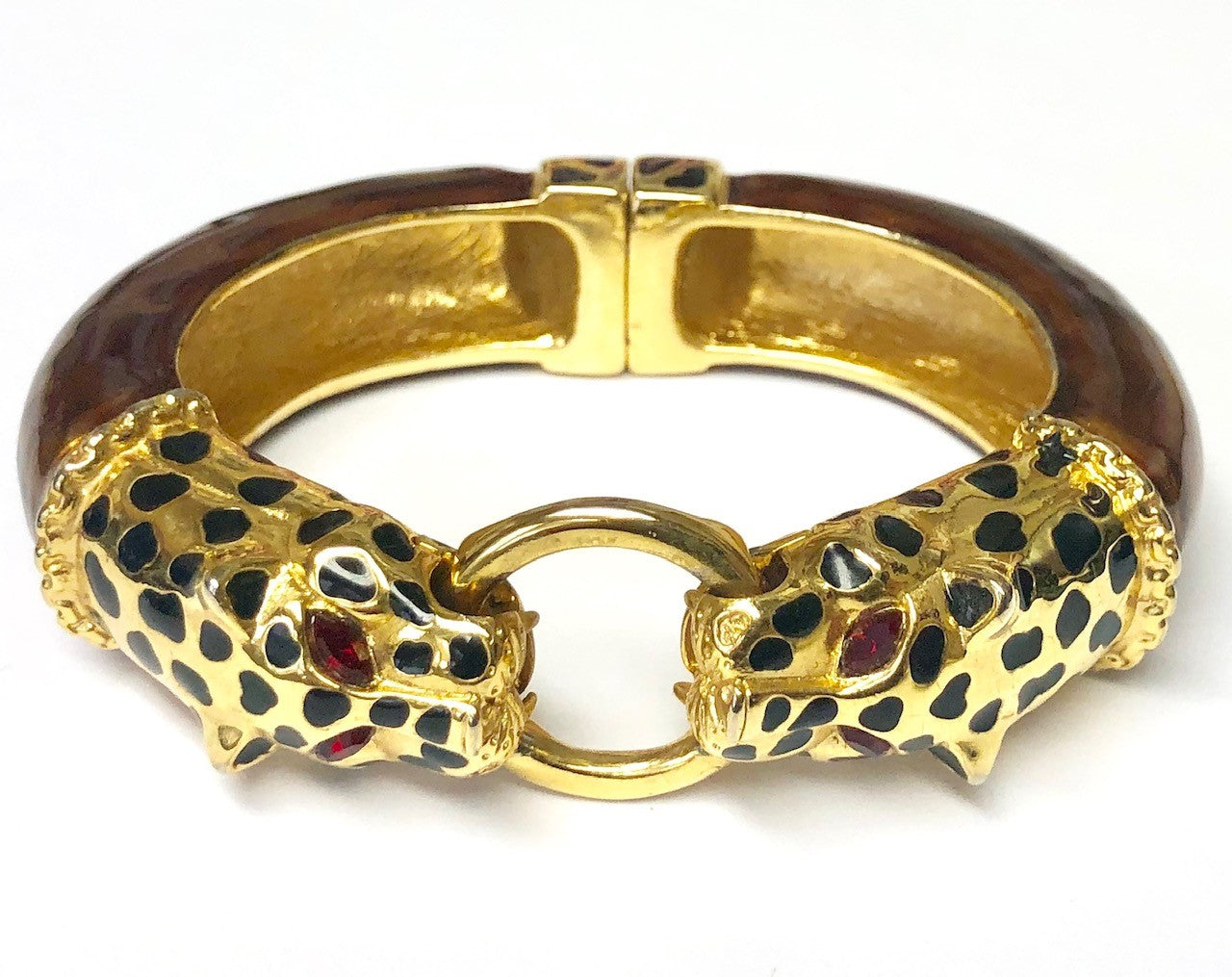 Brown Enamel Gold Black Spots Double Leopard Head Bracelet