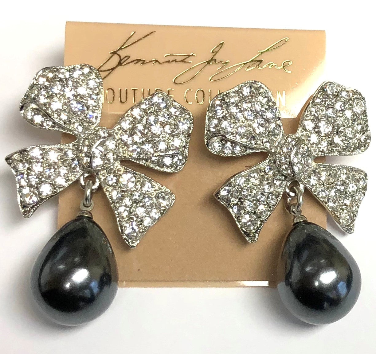 Rhodium Crystal Grey Pearl Drop Bow Pierced Earring