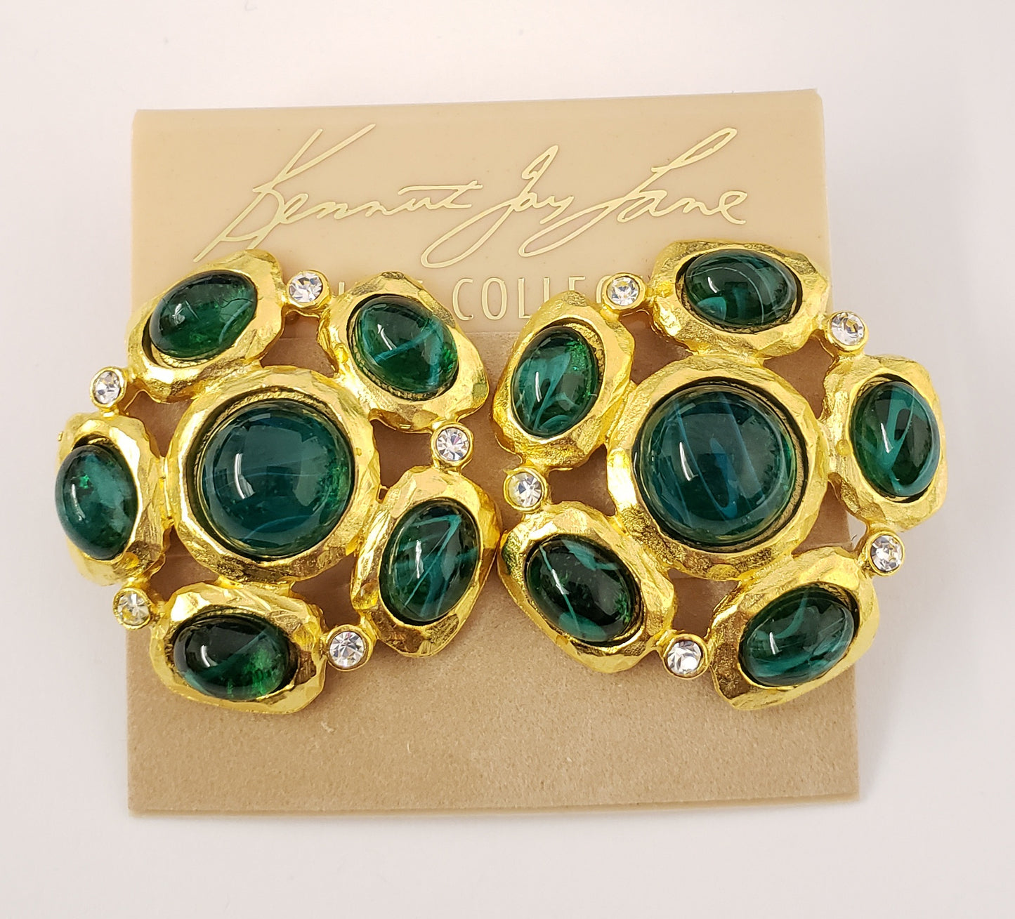 Satin Gold with Crystal Flawed Emerald Cabochons Cluster Pierced Earring