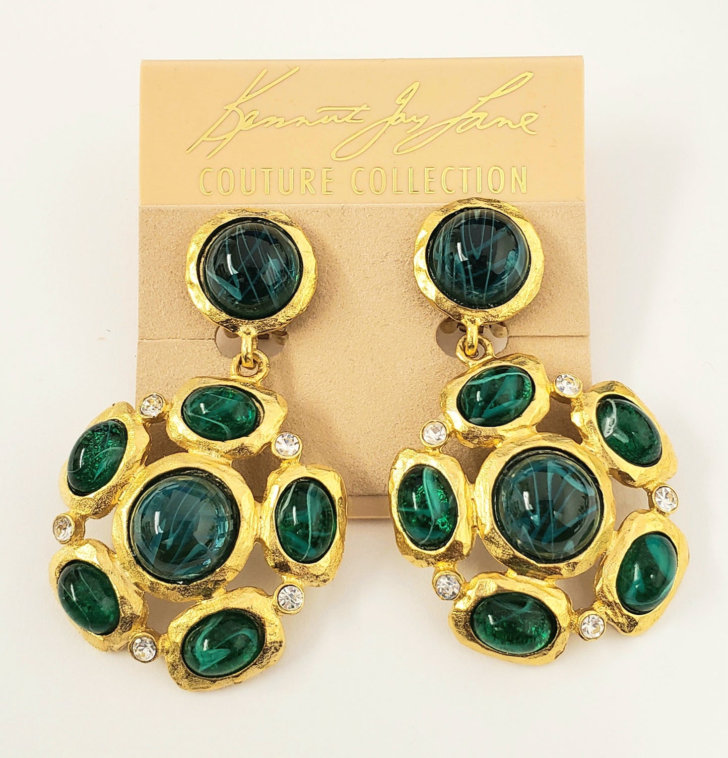 2" Satin Gold with Crystal Flawed Emerald Cabochons Drop Clip Earring