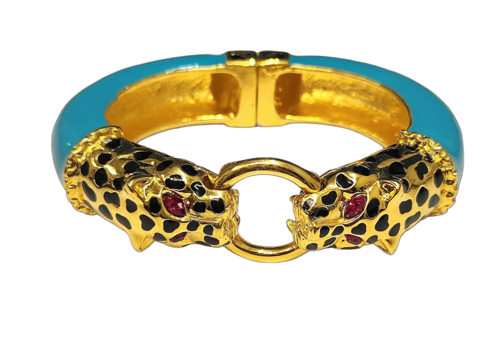 Gold with Turquoise Enamel Black Spots Double Leopard Head Bracelet