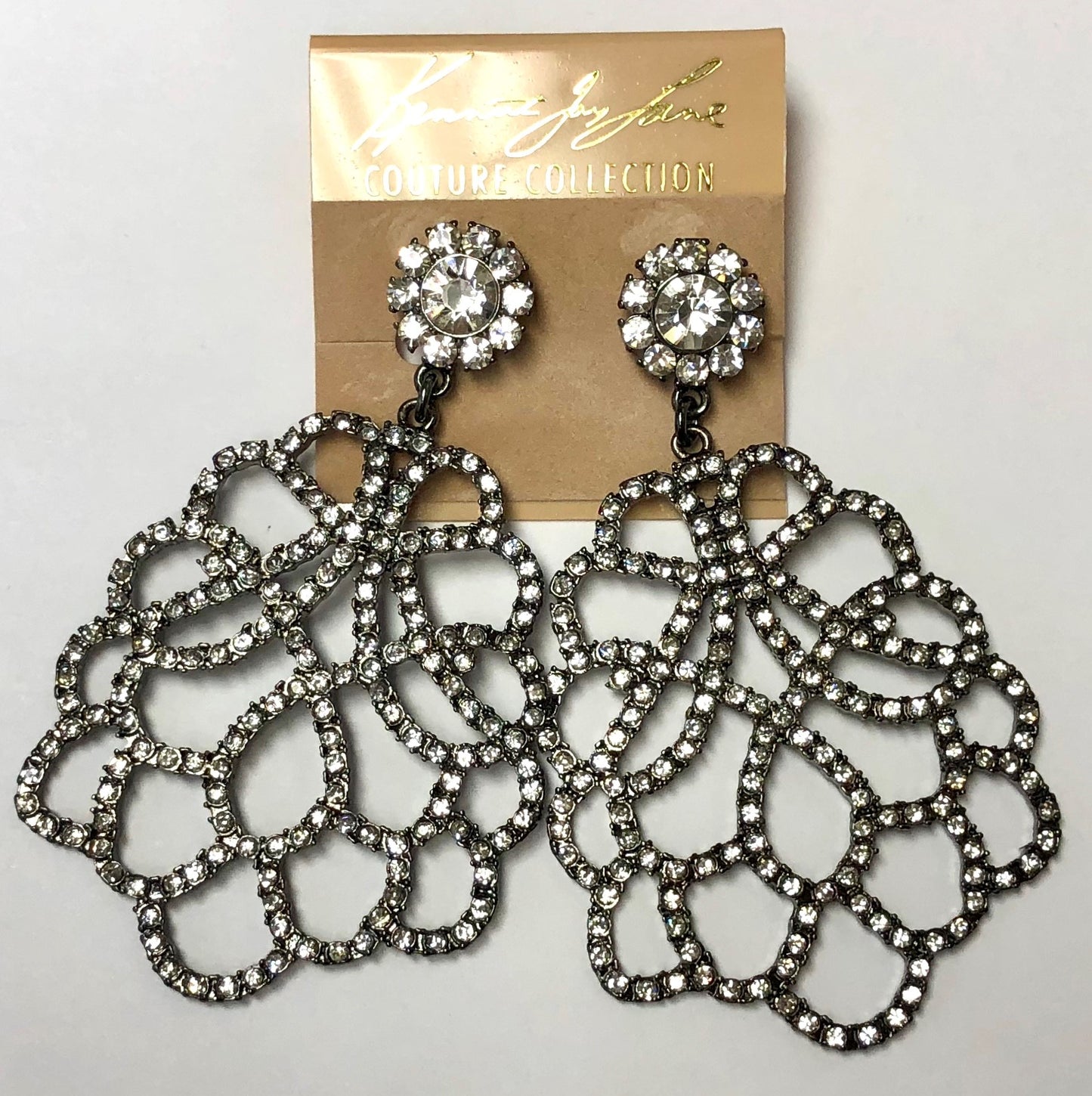 Gunmetal Crystal Wide Lace Drop Clip Earring