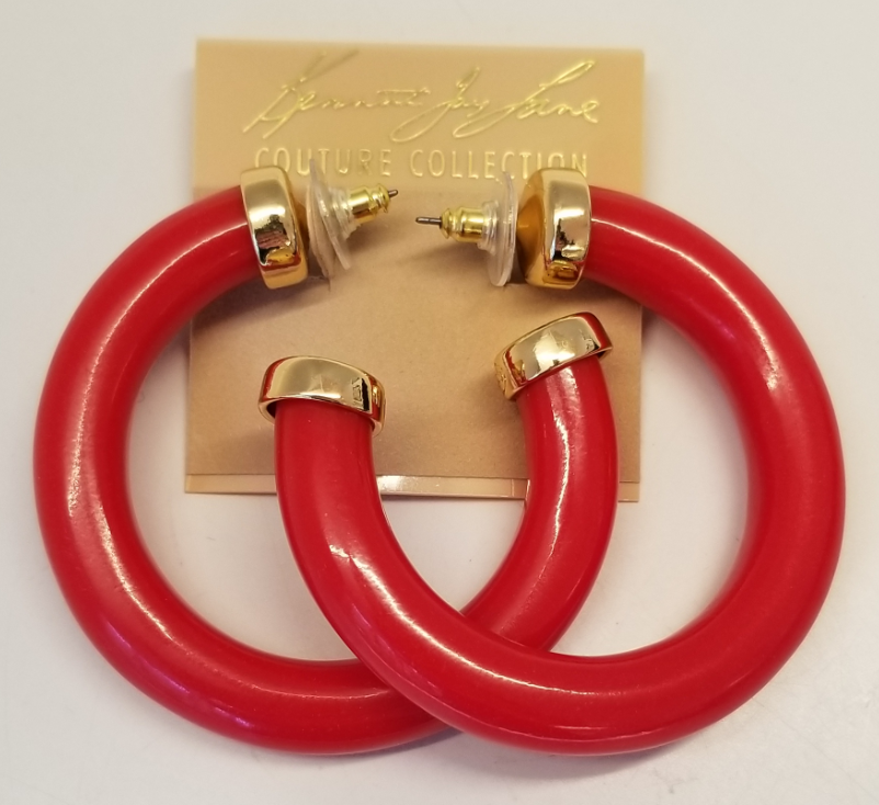 Large Red Polished Gold Ends Hoop Pierced Earring