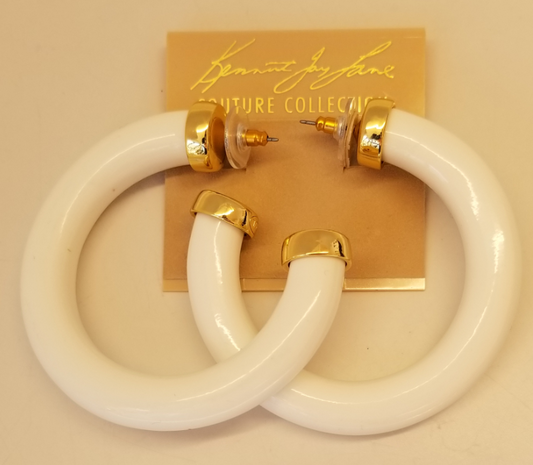 Large Polished White Resin Gold Ends Hoop Pierced Earrings