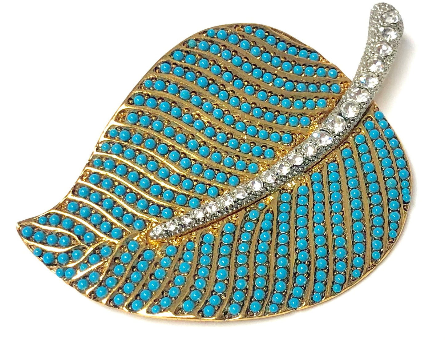 Gold Leaf Turquoise Dots And Crystal Stem Pin