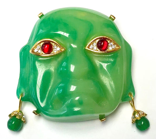 Gold With Crystals Ruby Eyes Jade Mayan Pin-Pendant
