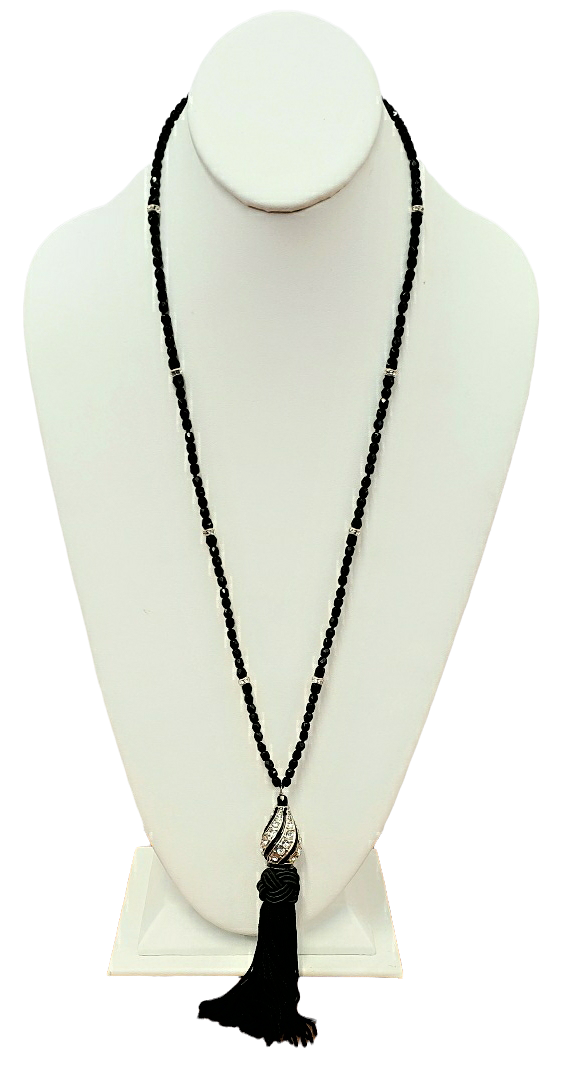 32" Black Bead Silver Deco Drop Pendant Black Tassel Necklace
