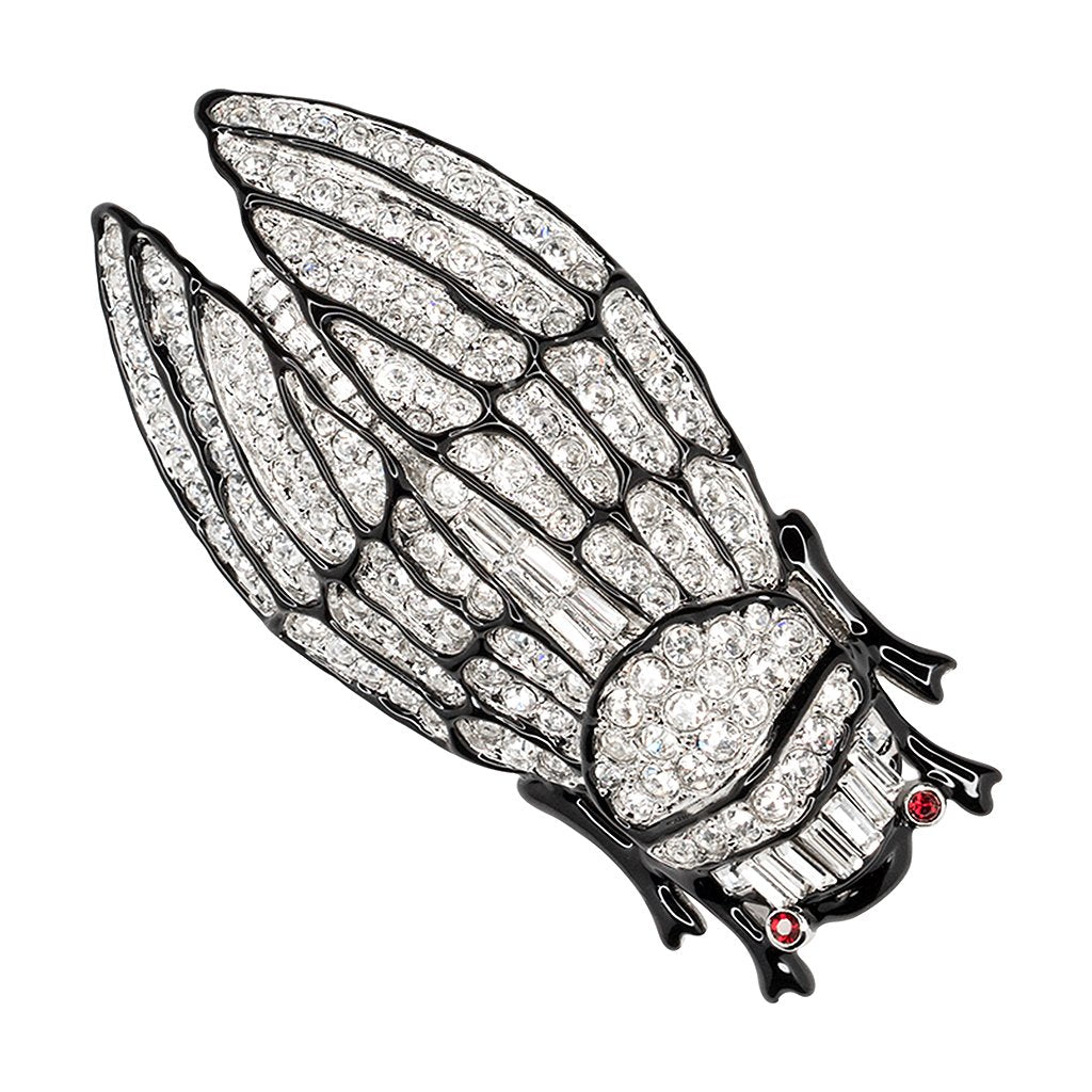 Silver Black Lines Crystal Large Cicada Pin