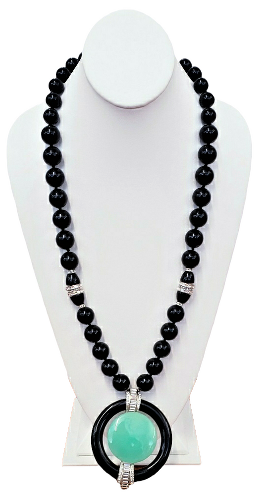 36" Black Bead-Jade Center Art Deco Necklace
