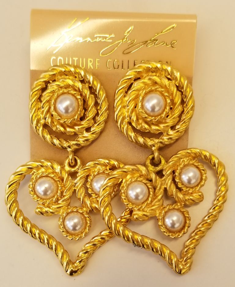 Satin Gold Pearl Rope Heart Clip Earrings