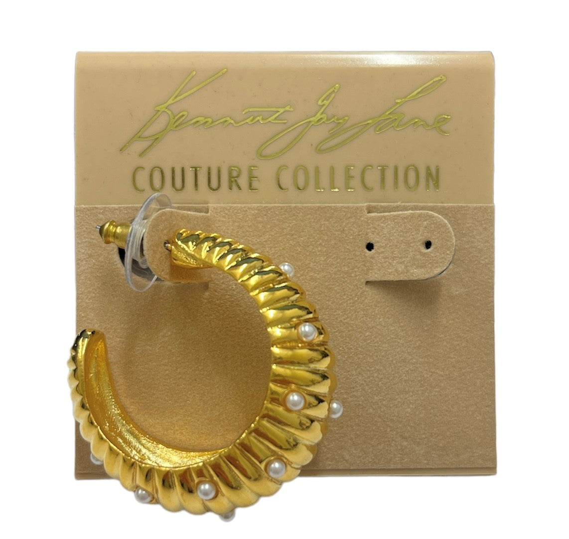 Gold and Pearl Shrimp Hoop Pierced Earrings