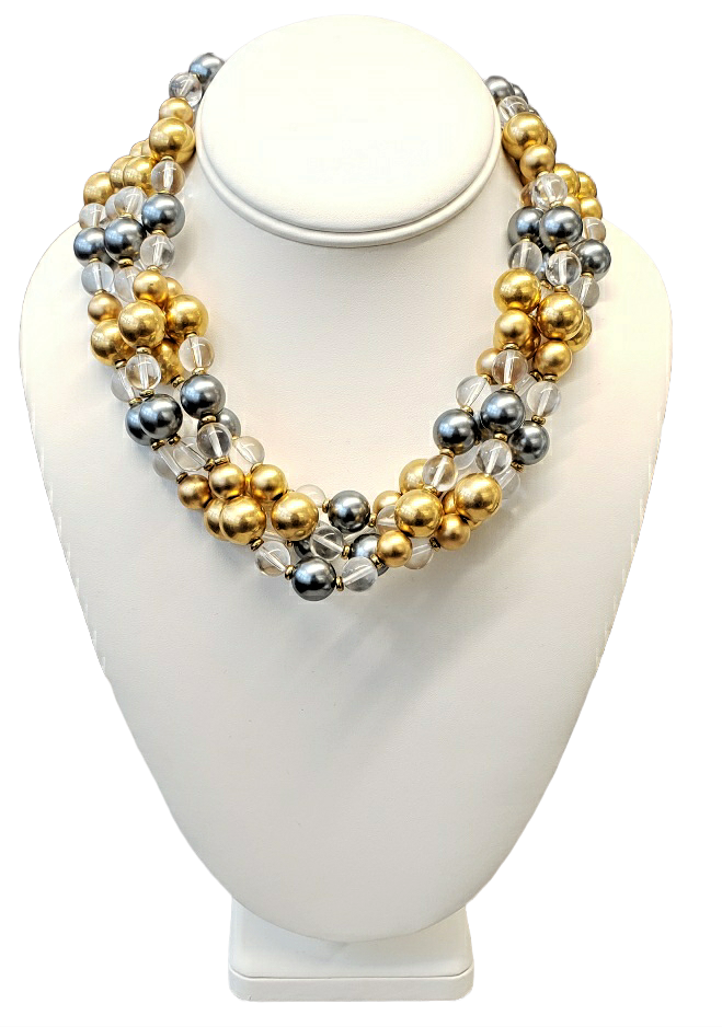18" Jackie O 4 Row Gold-Grey Pearl Clear Bead Necklace