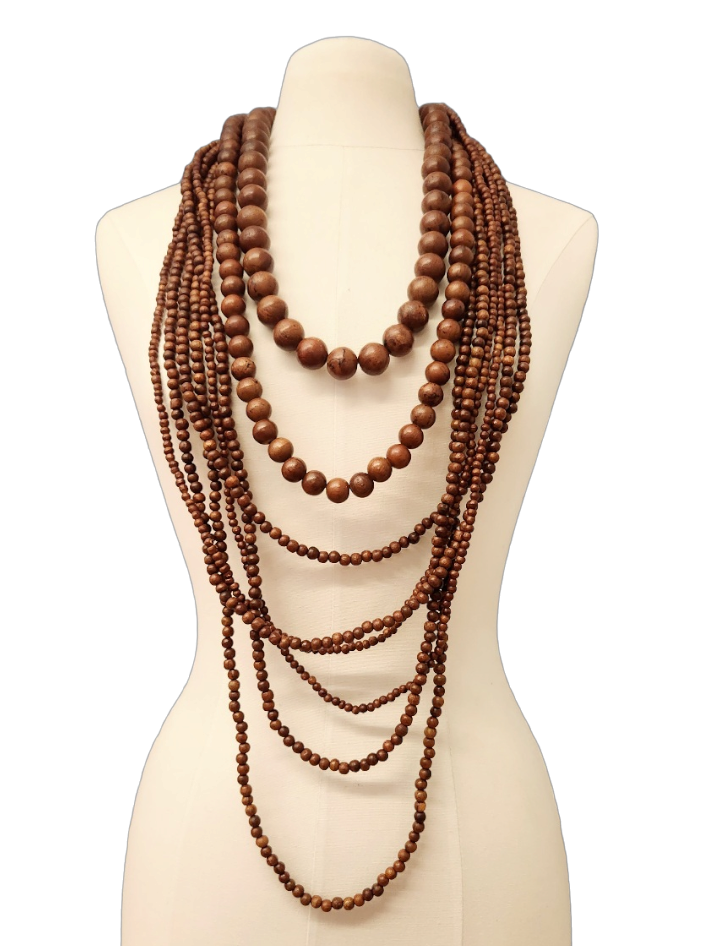 26"-33" 8 Row Gold with Round Wood Ball Graduated Lobster Claw Necklace