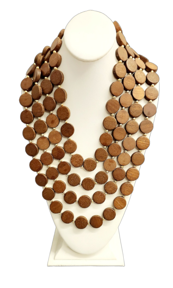 21+ 4 1-2" ext. 4 Row Gold With Flat Dark Wood Disc Graduated Lobster Claw Necklace
