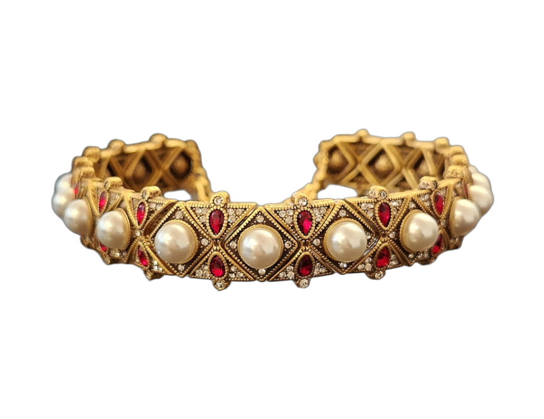 Light Antique Gold with Rhinestone and Ruby Pearls Necklace