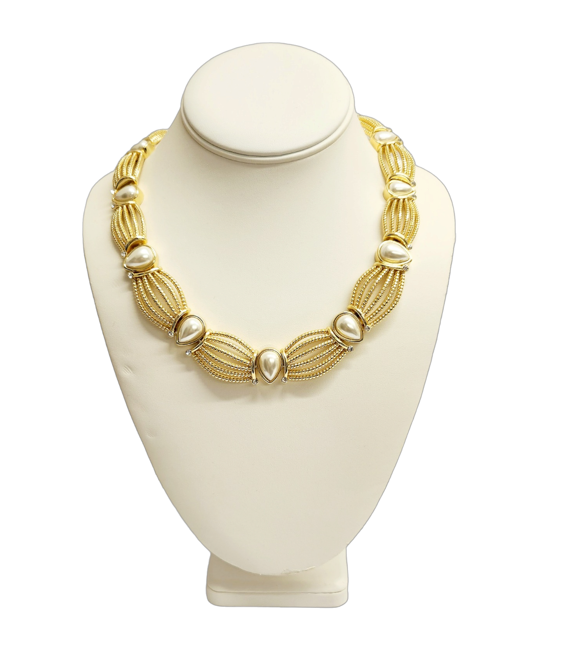 Gold- Rhinestone with Teardrop Shaped Pearls Necklace