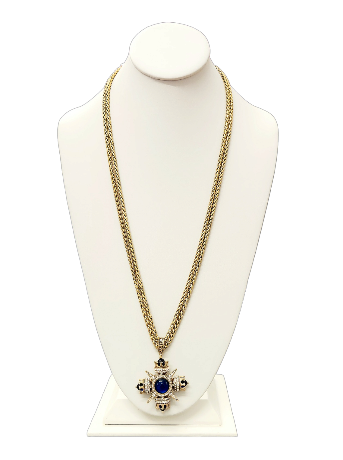 2 Row Gold Chain with Crystal & Sapphire Crown Pendant Necklace