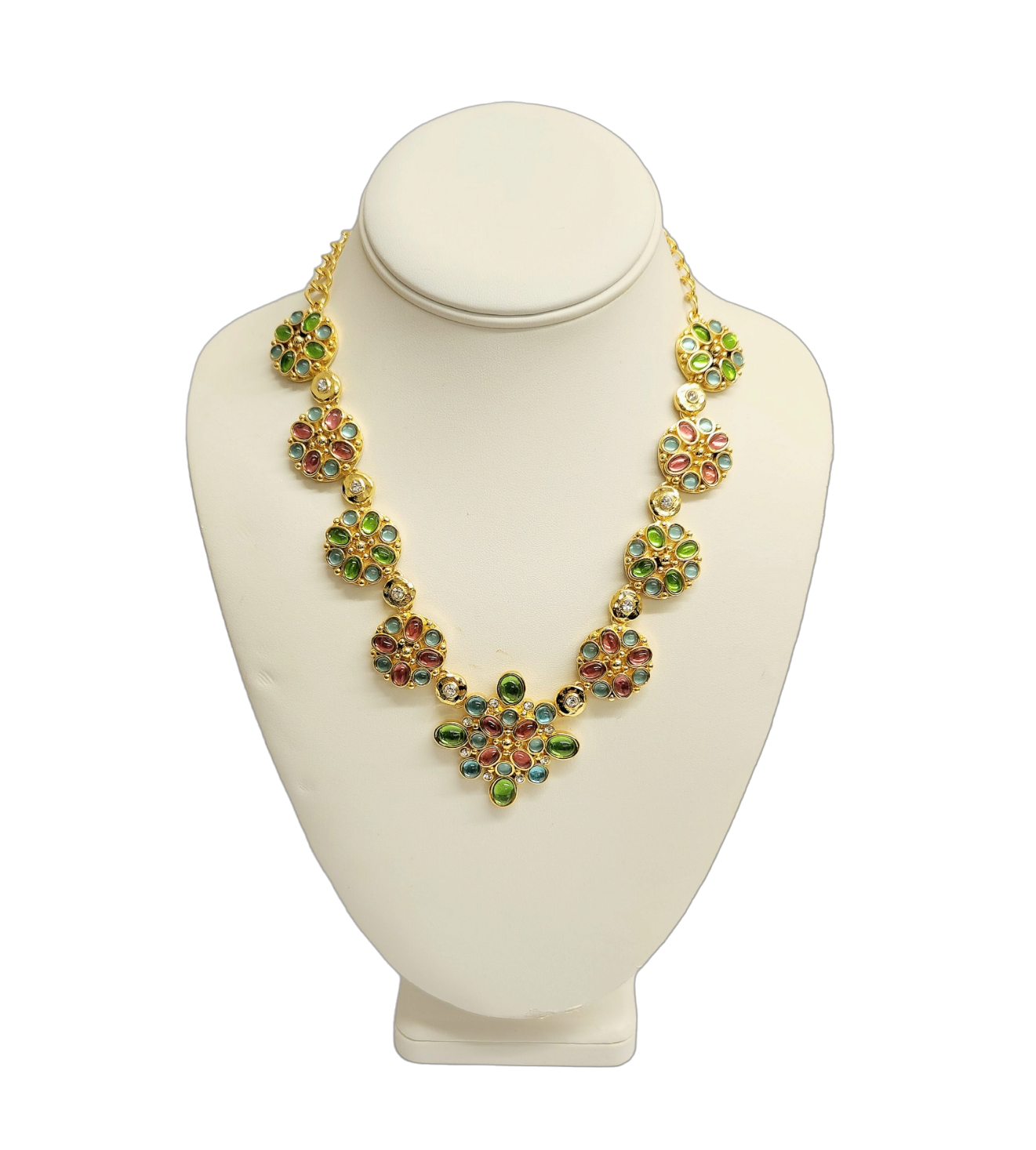 Gold with Light Multicolored & Rhinestone Motifs Necklace