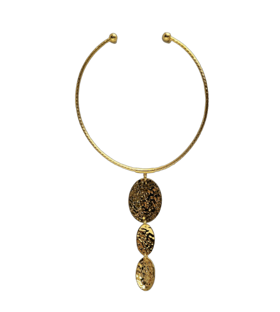 Gold with 3 Oval Texture Drop Pendant Collar Necklace
