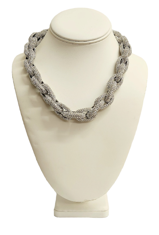 18" Silver with Crystal Open Oval Link Chain Necklace