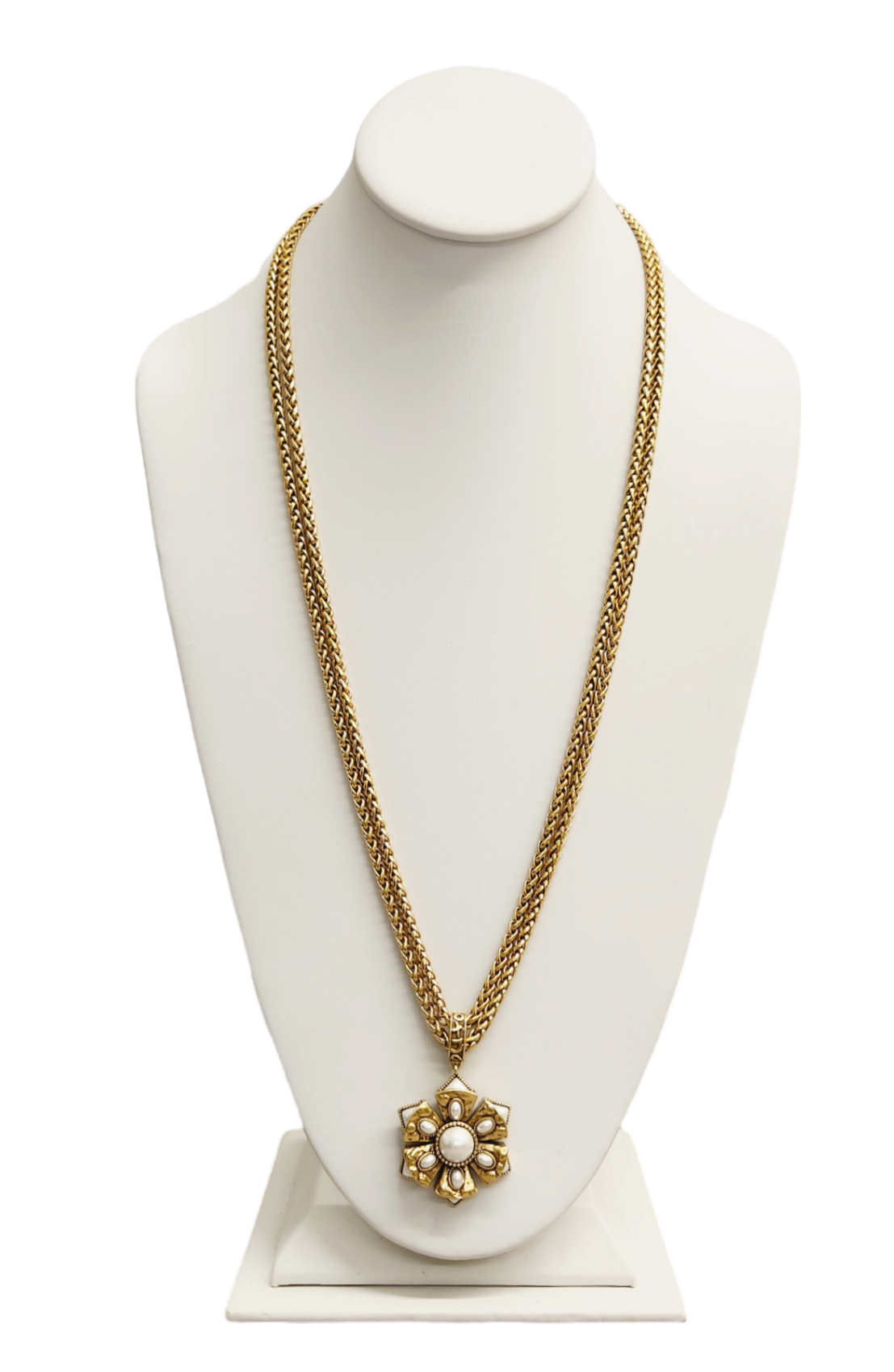 2 Row Light Antique Gold lobster with Pearl Pendant Necklace