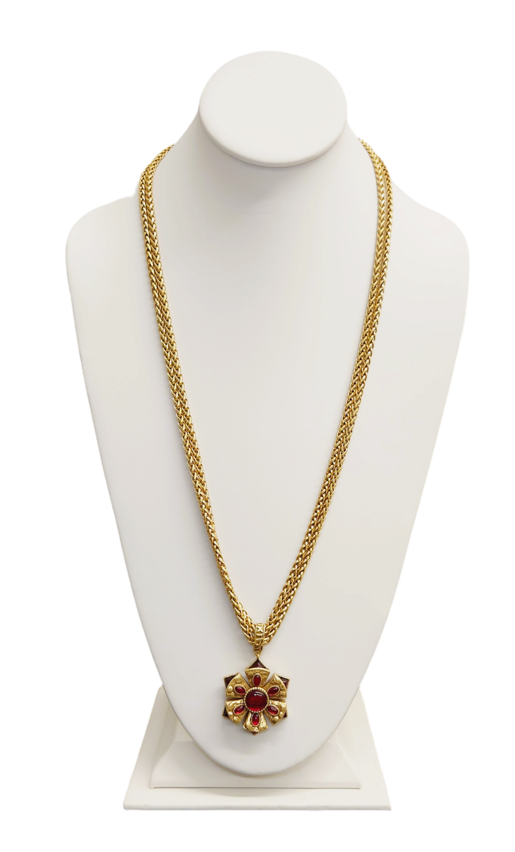 2 Row Light Antique Gold with Ruby Pendant Necklace
