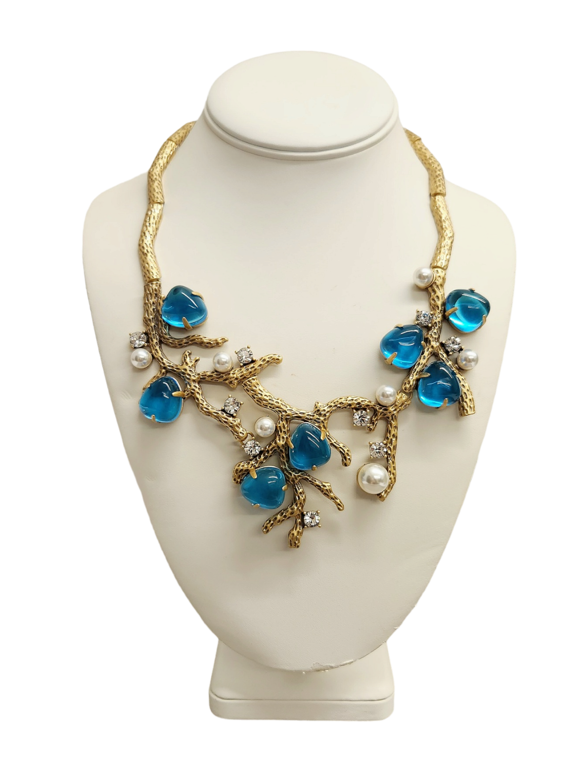 Gold Sea Branch Pearl- Crystal- Aqua Necklace