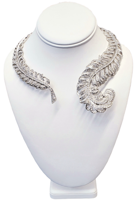 Silver Crystal Feather Bib Necklace