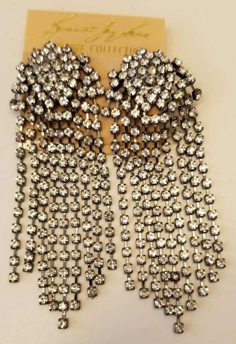 Gunmetal Crystal Cluster Top Waterfall Drop Clip Earring