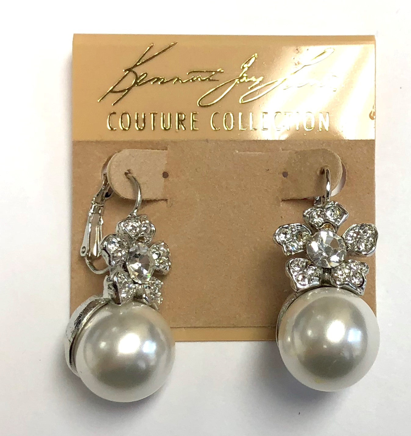Rhodium Crystals Flower Top And White Pearl Tottom Pierced Earring