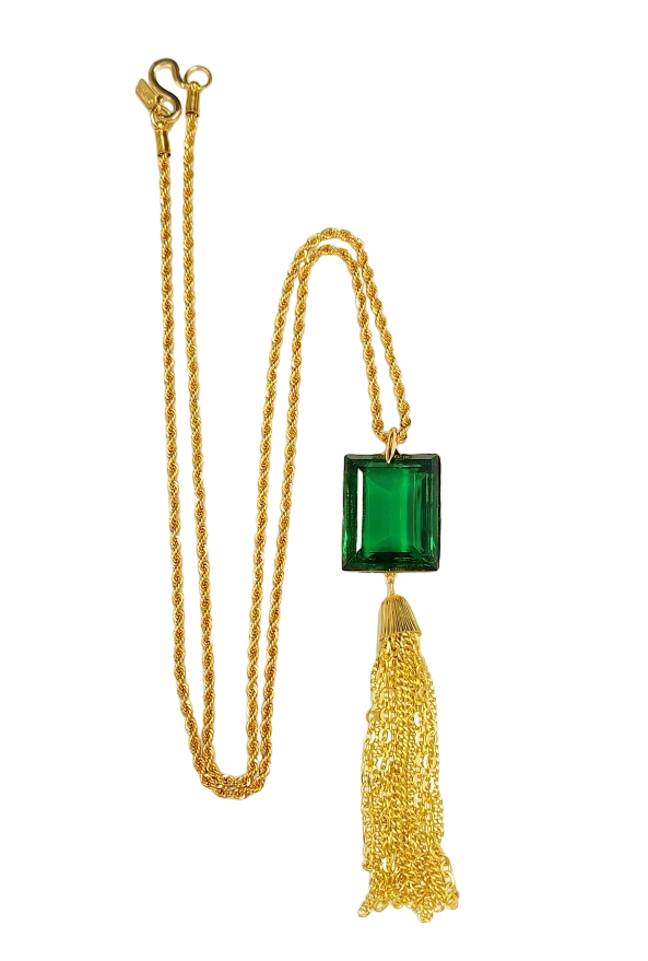 33" Emerald with Gold Chain Tassel Necklace