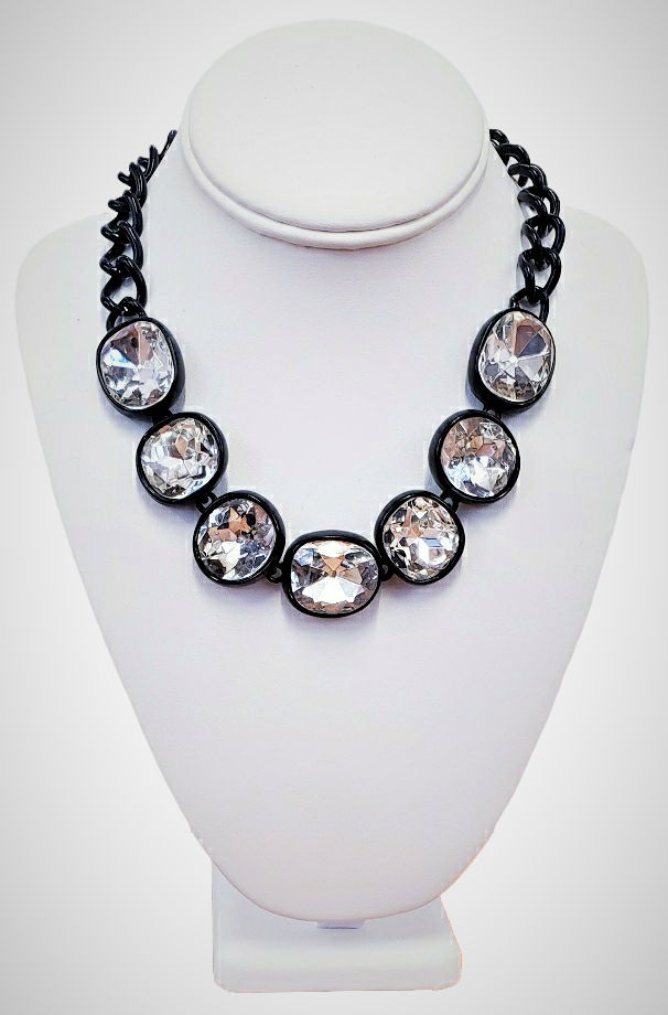 Black Plate and Crystal Headlight Black Chain Link Necklace