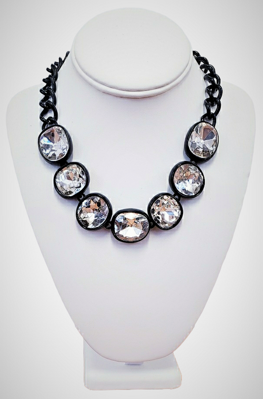 Black Plate and Crystal Headlight Black Chain Link Necklace