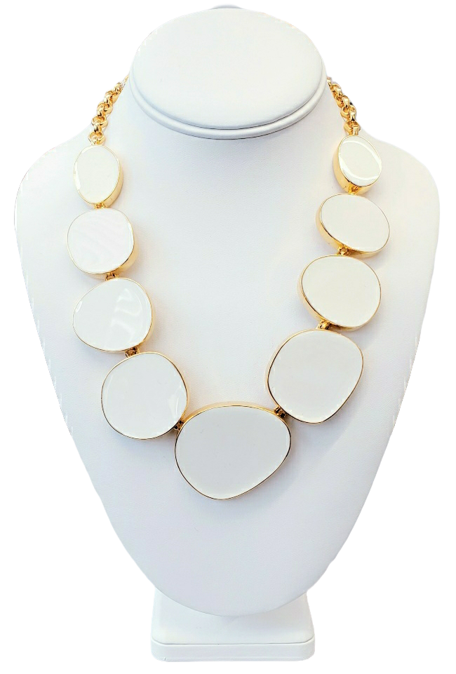 Polished Gold White Enamel Flat Odd Shape Necklace