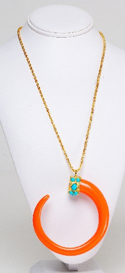 34" Light Coral C Tusk with Turquoise Cabochons Pendant Necklace