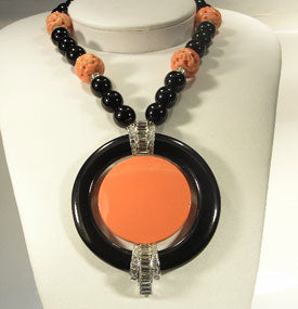 36" Black-Coral Bead Circle Deco Pendant Necklace