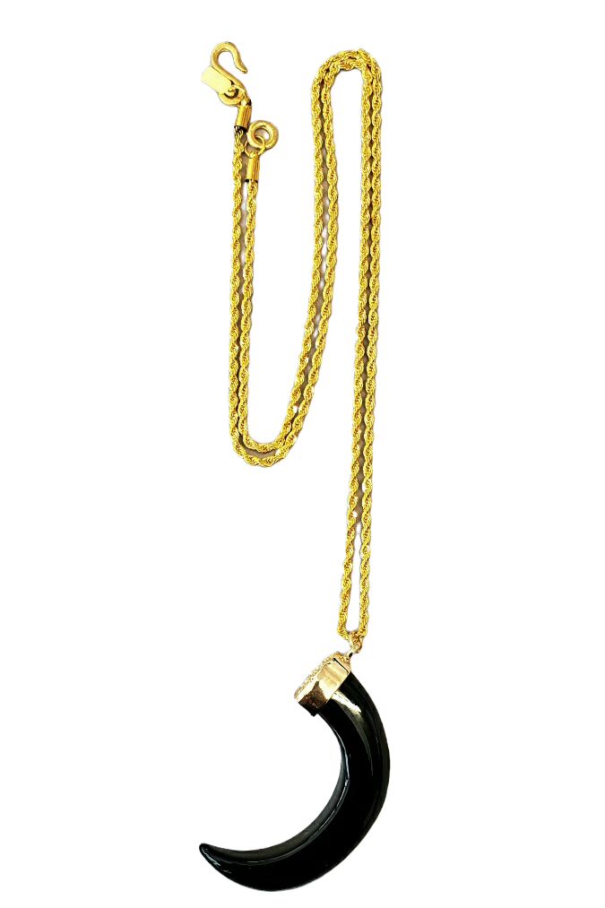 34" Black Tooth Pendant On Gold Chain Necklace