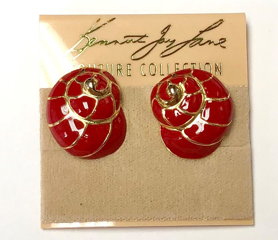 Gold With Red Enamel Shell Clip Earring