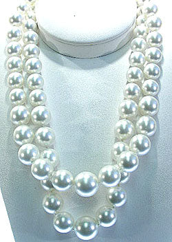 Two Row Graduated White Shell Pearl Rhodium-Rhine Fancy Clasp Necklace